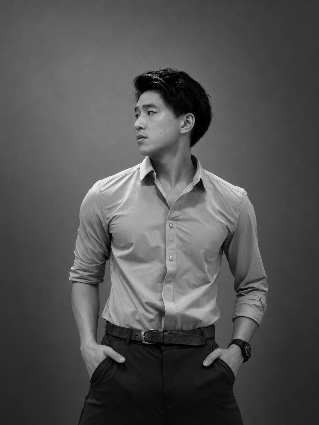 Side-profile studio portrait of Terrence Leung in a dark open-collar shirt.