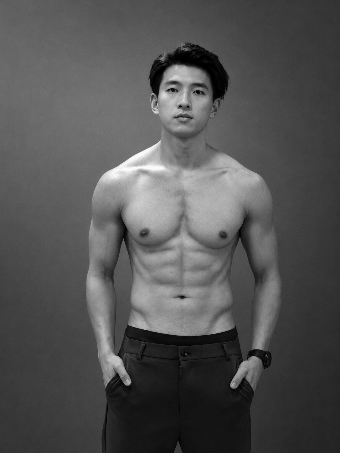Front-facing black-and-white studio portrait of Terrence Leung.